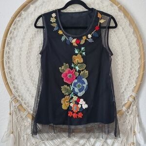 Twin-Set Simona Barbieri Black Lace Mesh 3D Applique Sleeveless Top